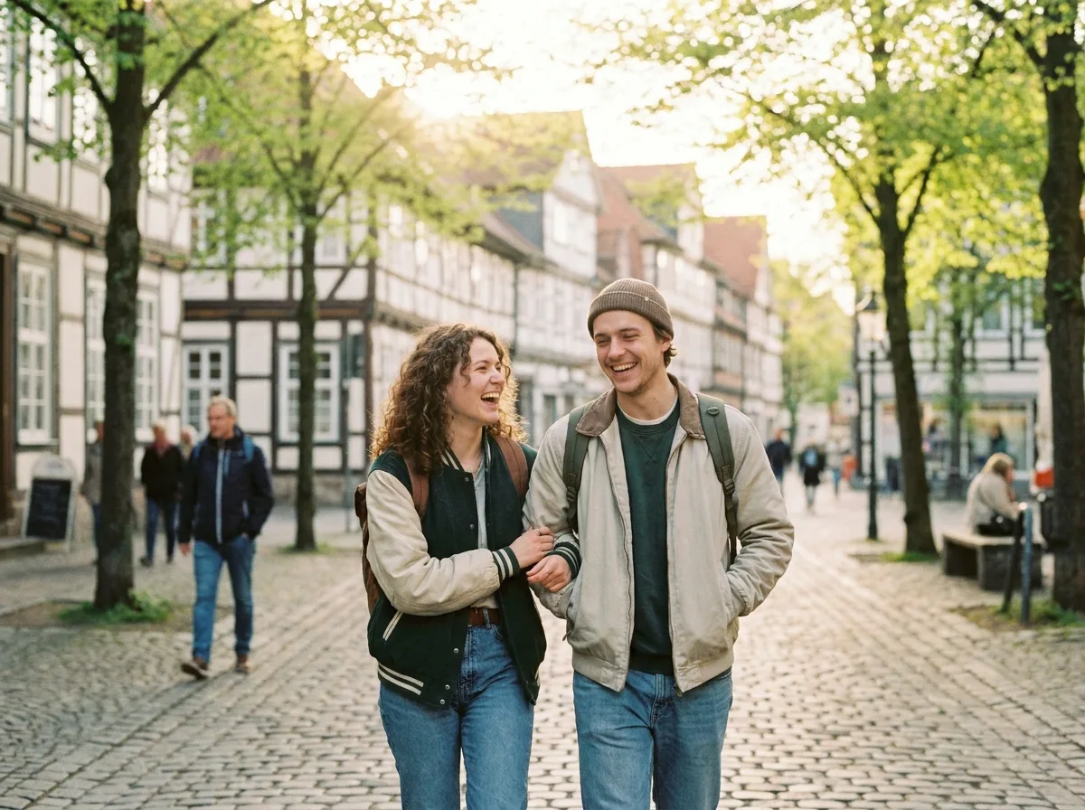 Zwei junge Menschen spazieren lachend Arm in Arm durch eine Altstadtgasse im Frühlingslicht