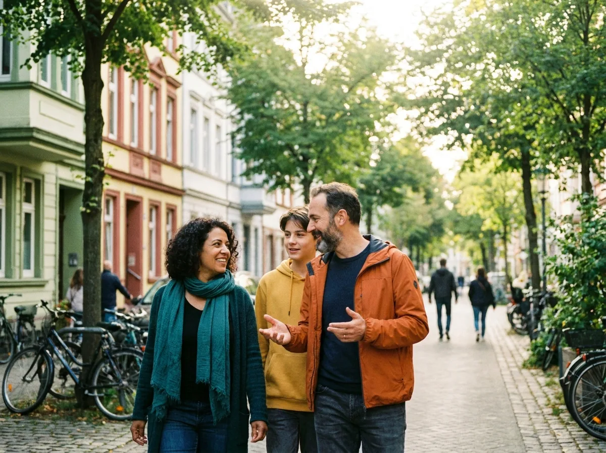 Zwei junge Menschen spazieren lachend Arm in Arm durch eine Altstadtgasse im Frühlingslicht