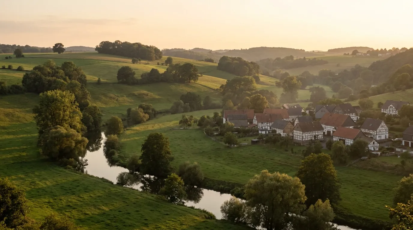 Sanfte grüne Flusslandschaft mit einem Fachwerkdorf in der Rhein-Sieg-Region im warmen Abendlicht